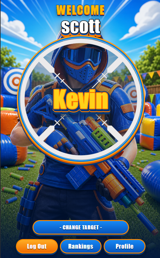 Gotcha welcome screen showing Scott with Kevin as the assigned target